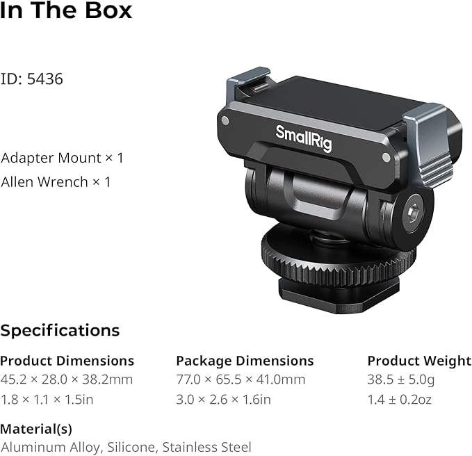 SMALLRIG Cold Shoe Adapter Mount for DJI Osmo 360 / Action 5 Pro / 4 / 3, with Quick Release Mount, 180° Tilt Adjustable - 5436