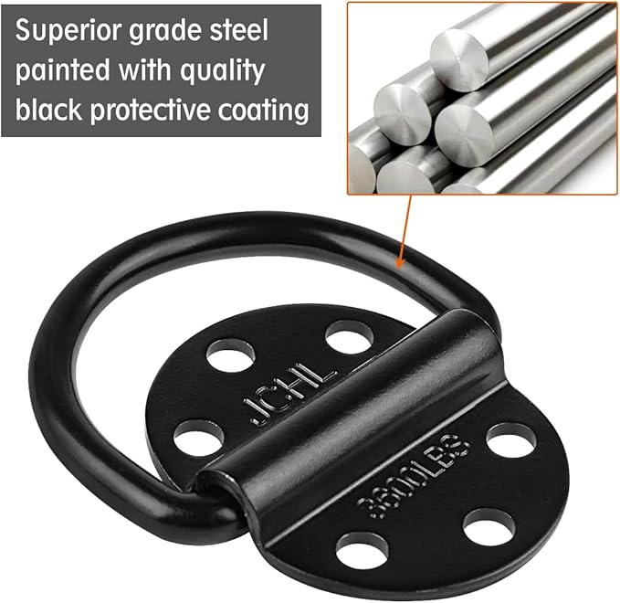 D-Rings Tie Downs Anchors Heavy Duty Steel 3600 Pound Capacity Lashing Rings for Loads on Trailers Trucks RV Campers Vans ATV SUV Boats Tie Down Ring with Screws&Bolts (6-Packs)