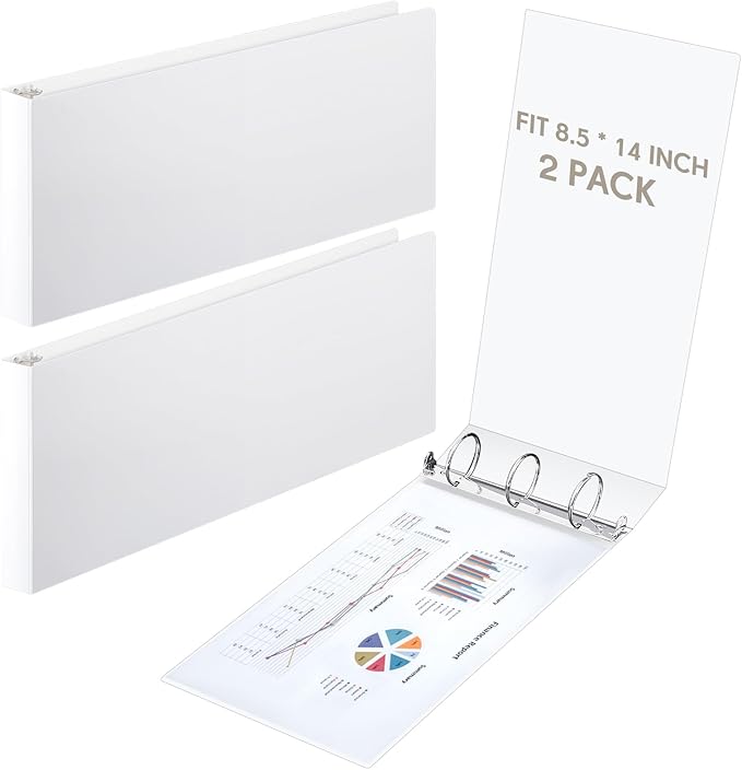 Humyoun 2 Pcs 8.5'' x 14'' Landscape 3 Ring Legal Size Binders 1 Inch Round Ring Binders Heavy Duty Economy Holds 8.5 '' x 14'' Paper for Artwork Blueprints, Office, Home, Work Places (White)