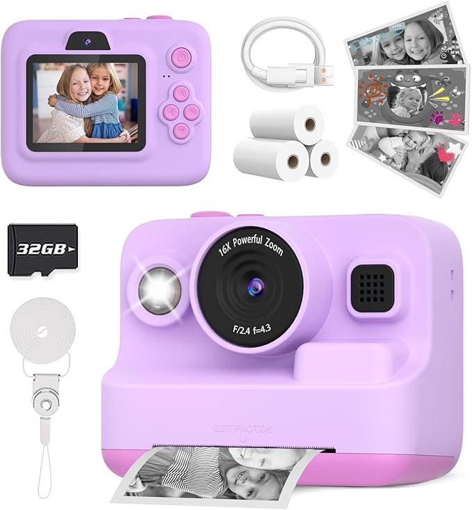Kids Camera Instant Print, Dual-Lens Front Rear Selfie Camera for Kids, Christmas Birthday Gifts Toys for 3-12 Year Old Boys Girls, 2.4in Screen 1080P Kids Digital Cameras with 32G Card