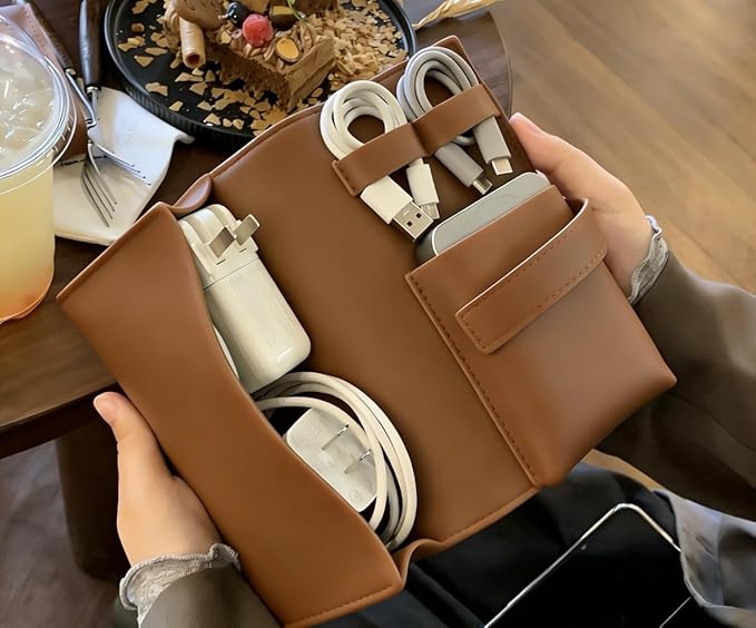 Vintage Pu leather Electronic organizer travel case,cord organizer travel, Leather charger shortage for essentials mouse, adapter, cables (vintage brown)