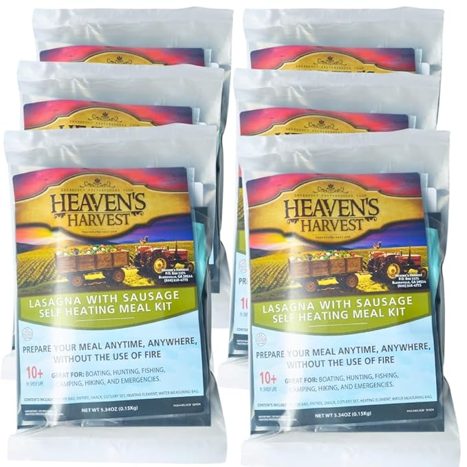 Heaven's Harvest Self-Heating Emergency Meal Kit (10 Year Shelf Life) — Tastier than MRE Meals & Ready-To-Eat in Minutes! Just add water to activate the “cooking” process. (Lasagna w/Sausage) (6-Pack)