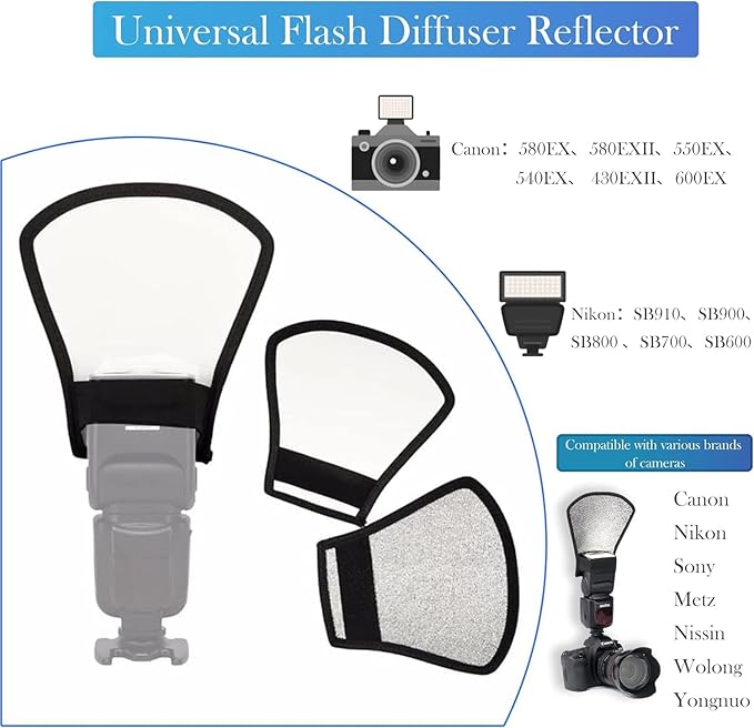 waka Flash Diffuser Reflector Kit - Bend Bounce Flash Diffuser+ Silver/White Reflector for Speedlight, Universal Mount for Canon, Nikon, etc.