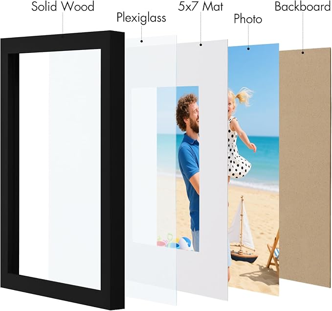 Vittanly 8x10 Picture Frame, Made of Solid Wood and Shatterproof Plexiglass, Display Pictures 5x7 with Mat or 8x10 without Mat, Wooden Photo Frame for Wall Mounting or Tabletop Display, Black, 1 Pack