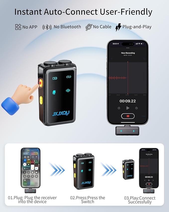 Wireless Lavalier Microphone for iPhone:JXJXQU Mic with Smart Noise Reduction/Reverb Effect/30H+ Battery Mini Design Suitable for Podcast/Vlogging/Video Recording - Compatible with iOS/Android Phones