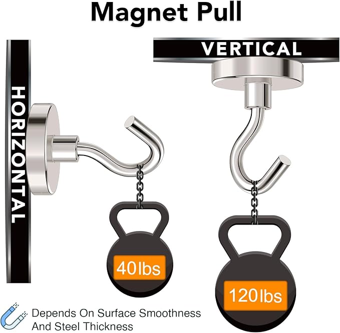 MIKEDE Magnetic Hooks Heavy Duty,120LB+ Strong Magnet with Hook, Super Neodymium Cruise Hooks, Locker Organizer Industrial Hooks for Hanging, Magnetic Hanger for Cruise, Grill - 8 Pack
