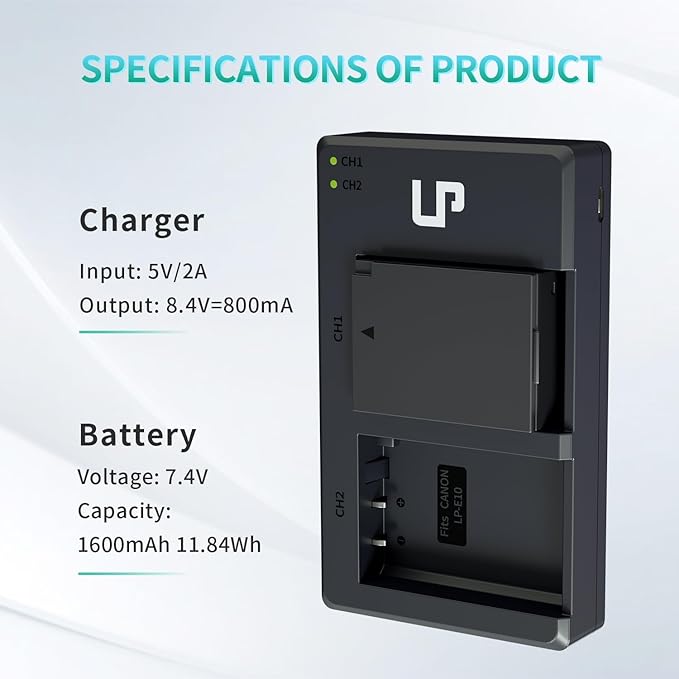 LP LP-E10 Battery Charger Pack, 1600mAh 2-Pack Battery & Dual Slot Charger, Compatible with Canon EOS Rebel T7, T6, T5, T3, T100, 4000D, 3000D, 2000D, 1500D, 1300D & More (Not for T3i T5i T6i T6s T7i)