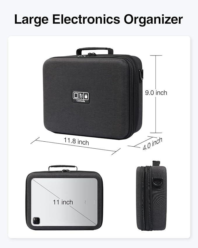 Luxtude Electronic Organizer Travel Case Large, Hard Case for Electronics, Sturdy Tech Organizers, Travel Cable Bag with Shoulder Strap, Hard Charger Organizers, Fits for iPad(Up to 11’’), Tech Gifts