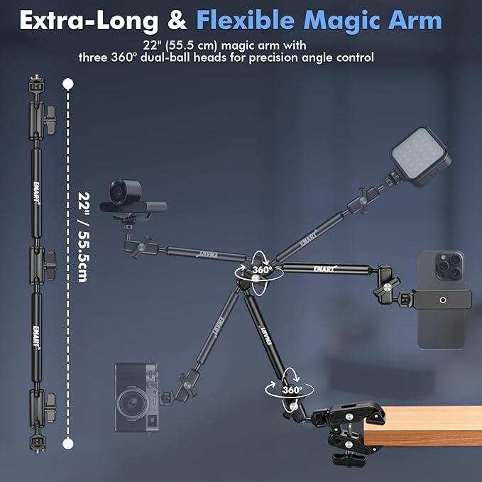 EMART Overhead Phone Mount with 22" Magic Arm, Super Clamp with 1/4" 3/8" Threads for ARRI, Flexible Camera Desk Mount, Adjustable Articulating Boom Arm for Webcam/Mic/Action Camera/Phone/Video Light