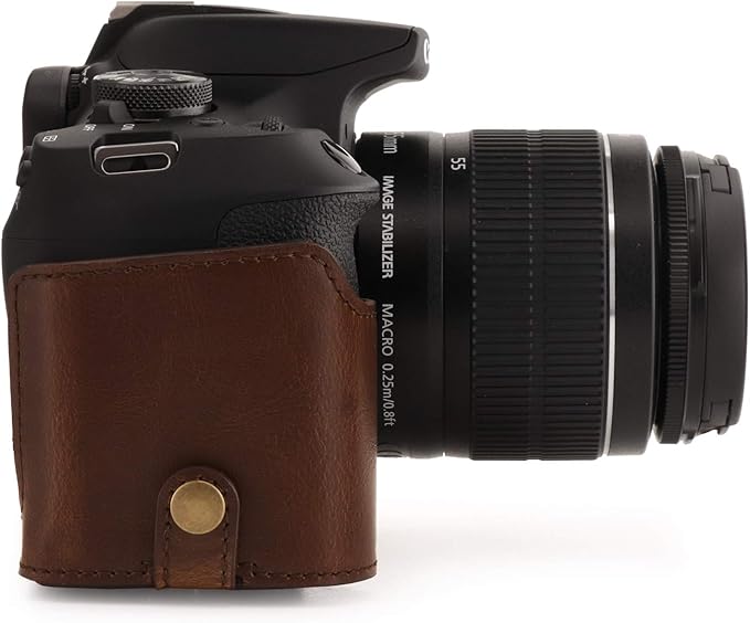 MegaGear MG1608 Ever Ready Leather Camera Case compatible with Canon EOS Rebel T7 (18-55mm), 2000D (18-55mm) - Dark Brown