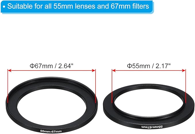 PATIKIL 55mm-67mm Metal Step Up Ring with Cleaning Cloth, 2 Pack Camera Lens Filter Adapter Ring Aluminum Filter Adapter Ring for Camera Lenses Hood, Black