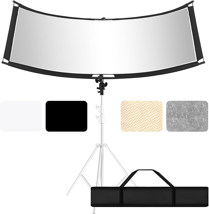WELLMAKING Clamshell Light Reflector Diffuser with Carrying Bag, 71”×23”/180x60cm Photography Curved Lighting Reflector for Photo Studio Photography & Outdoor Lighting, Black/White/Gold/Silver Colors