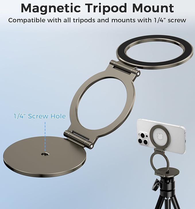 Dual Magnetic Phone Holder for MagSafe, 1/4" Screw Tripod Mount Adapter, Gym Magnet Phone Stand with Kickstand for iPhone 16 Pro Max 15 14 13 12 MagSafe Case Cell Phone