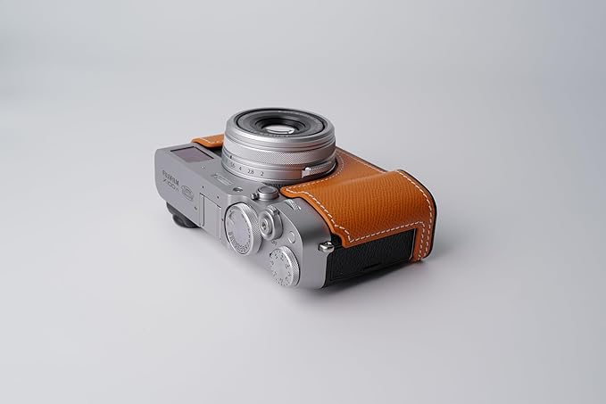 Genuine Leather Camera Half Case for Fujifilm X100VI - Top Layer Cowhide Body + Metal Base Plate - Hand Shank Free Design (Orange)