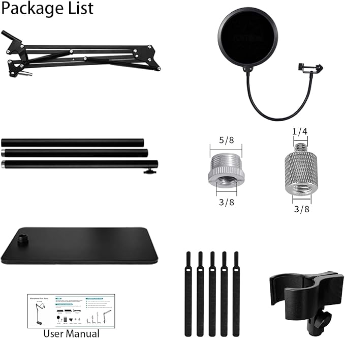 Mic Stand Floor Boom Arm for Blue Yeti, Nano, Snowball, HyperX QuadCast, SM7B MV7, Fifine K688 and More Mic, Floor Microphone Stand with 3/8" to 5/8" 1/4" Screw, Pop Filter Mic Clip Cable Ties