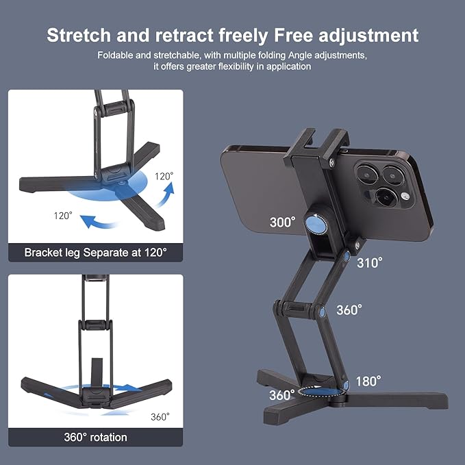 Phone Tripod Mount with Cold Shoes, Metal Smartphone Adapter Compatible with iPhone, Multi Angle Tri Fold Cell Phone Holder, Handheld Grip for Streaming Vlog CP-15