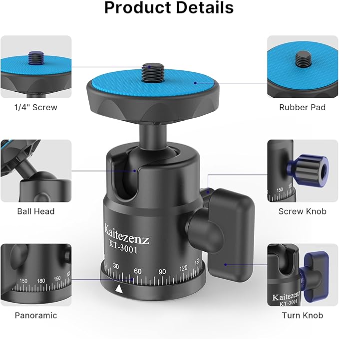 Mini Ball Head, Panoramic Camera Tripod Head with 1/4" Screw and Dual Hot Shoe Mount, 360 Rotatable Metal Adapter for DSLR Camera Tripods Monopods Camcorder Light Microphone, Max Load 5.5lbs