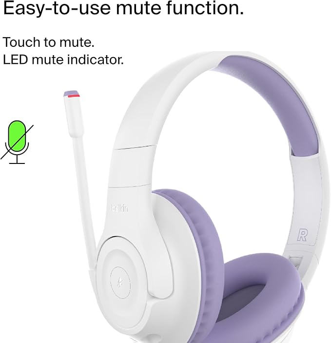 Belkin SoundForm Inspire Wireless Over-Ear Headset for Kids, Online Learning & Travel w/Built-in Microphone, 85dB Safe Volume Limit, 35H Battery - Compatible w/iPhone, iPad, Galaxy & More - Lavender