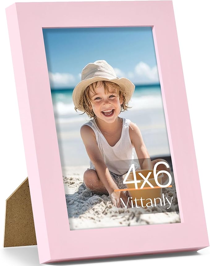 Vittanly 4x6 Picture Frame, Made of Solid Wood and Shatterproof Plexiglass, Wooden Photo Frame for Wall Mounting or Tabletop Display, Picture Frame for Home Decor with Stand, Pink, 1 Pack