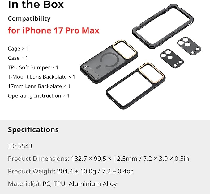 SMALLRIG Mobile Video Cage for iPhone 17 Pro Max, with Phone Case/TPU Soft Frame/T-Mount & 17mm Threaded Lens Backplate, Phone Video Rig for Videography Recording Vlog, Flagship Edition - 5543