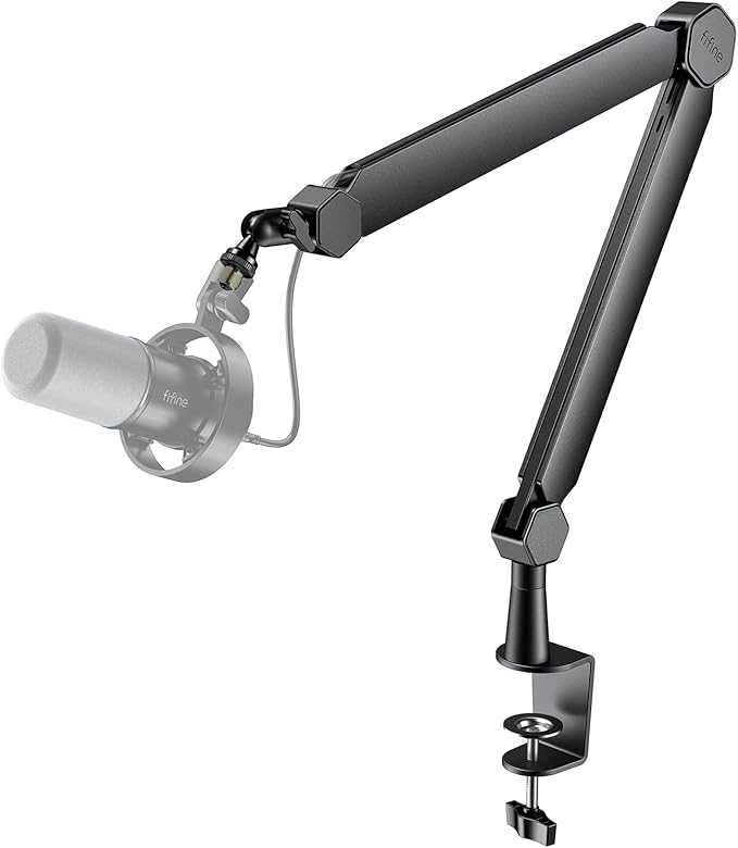 FIFINE Mic Arm Stand, Microphone Boom Arm with Desk Clamp, Cable Channels, 3/8" to 5/8" Threads, Heavy Metal Microphone Stand for Podcast, Vocal Recording, Gaming-BM66 Black