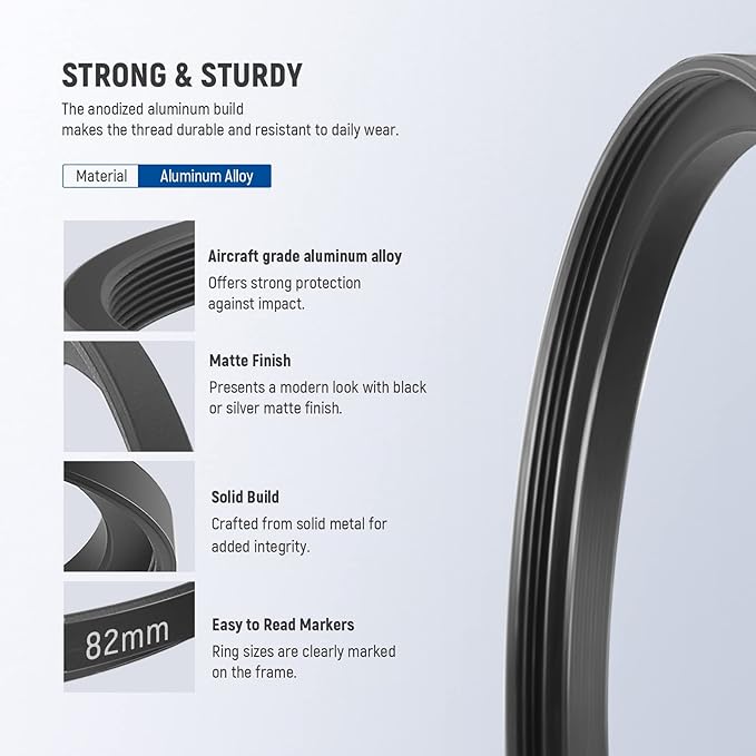 Neewer 9 Pieces Lens Filter Rings Set, Made of Anodized Aluminum, Includes: 37-49mm, 49-52mm, 52-55mm, 55-58mm, 58-62mm, 62-67mm, 67-67mm, 8-2.8 35" 72-77mm 77-82mm