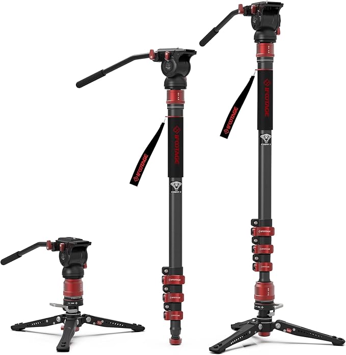 IFOOTAGE Cobra 3 Monopod with Pedal C180F-P with Fulid Head K5S,Carbon Fiber Monopod for Camera,DSLR,Minipod Base-P Pedal Lock Design Tripod,Payload up to 17.6lbs/8KG,Max. Height 71"/180cm