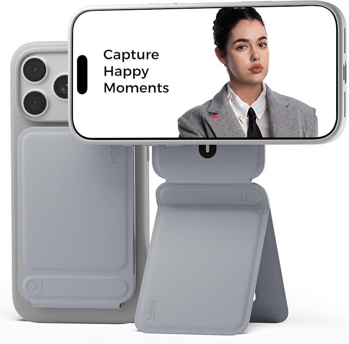 MOFT Phone Tripod Stand Selfie Stick for iPhone, Multi-Angles iPhone Stand, Lightweight & Portable Phone Holder, Strong Magnets, MOVAS Vegan Leather, Travel Essentials, Cement (Without Card Slot)