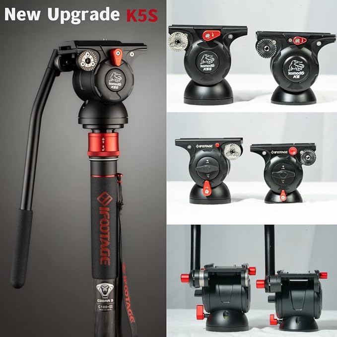 IFOOTAGE Komodo K5S Video Fluid Head,Cameras Tripod Fluid Head with Quick Release Plate, for Professional Photography, Content Creation, Vlogging and Video Production