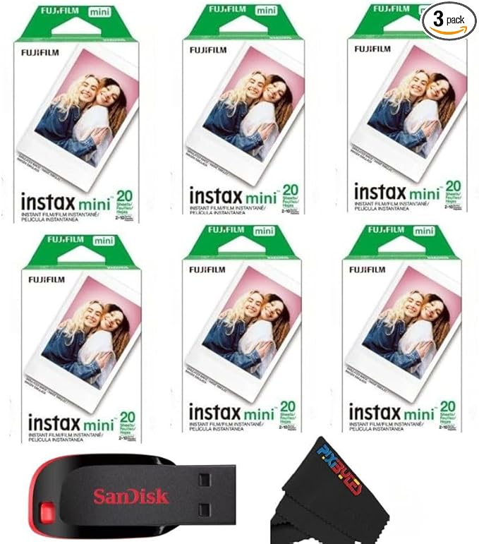 Fujifilm Instax Mini Instant Daylight Film for Instant Camera with USB and PixiBytes Microfiber Cleaning Cloth... (6 x Twin Packs + USB)