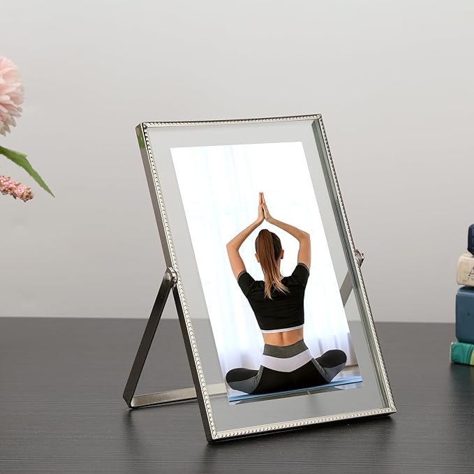 Silver 4x 6'' Floating Frame Set of 2, For Photo Sizes (2x3'', 3.5x 5'' up to 4x6'' ), Beautiful Metal Lace Edge Frames Adjustable Tabletop/Shelf Photo Frame, Classy Gift Choice for Wedding,