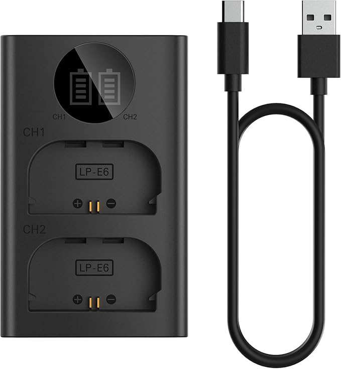 LP-E6 Dual Cameras Battery Charger for Canon LC-E6 LC-E6E LC-E6N LP-E6NH Battery EOS 90D 80D 70D 60D 60DA / 7D 6D 5D Mark II 5D Mark III 6D 5D Mark IV / 5Ds 5DSR EOS R1 R5 R5C R6 R7 / R5 R6 Mark II