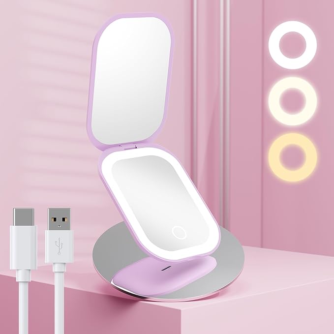 Benbilry Lighted Compact Travel Mirror with 3 Color Lights, 1X/3X Magnifying Ultra Slim Rechargeable Pocket Mirror for Purse, 2-Sided, Handheld, Folding, Portable, Purple