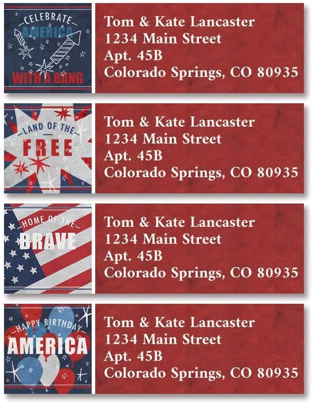 Colorful Images Patriotic Words Return Address Mailing Labels, Personalized in The USA with Names & Addresses, Set of 240 Self Adhesive, Easy Peel Flat Label Sheets, 2" x ⅝, 4 Designs