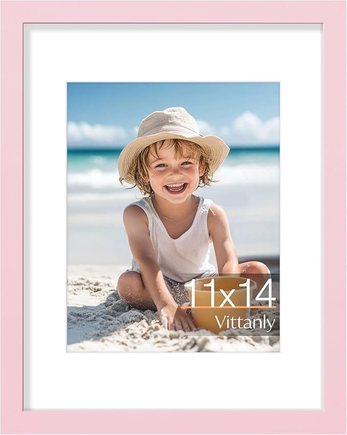 Vittanly 11x14 Picture Frame, Made of Solid Wood and Shatterproof Plexiglass, Display Pictures 8x10 with Mat or 8x10 without Mat, Wooden Photo Frame for Wall Mounting or Tabletop, Pink, 1 Pack