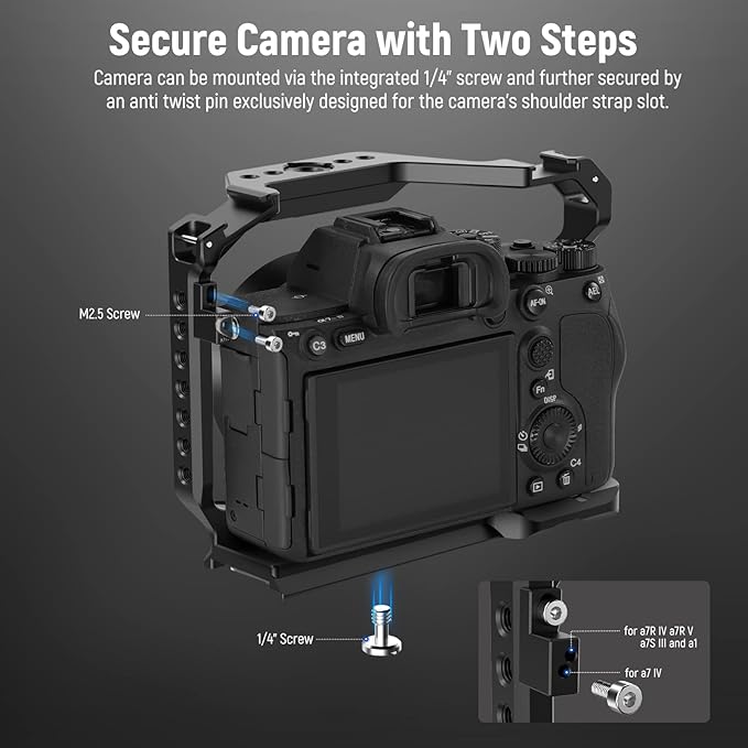 NEEWER Full Camera Cage Compatible with Sony a7R V/a7R IV/a7 IV/a7S III/a1, Aluminum Video Camera Rig with Full Access/Arca Type QR Base for Quick Switch, Compatible with DJI RS Stabilizers, CA004