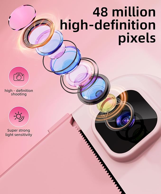 Kids Camera Instant Print for Boys and Girls, 48MP HD Cameras w/1080P Video, Print Paper, 32GB Card, Brush, Christmas Birthday Gifts Toys for Toddler and Teenagers Age 3-16 Years Old (Pink)
