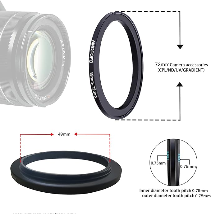 49mm to 72mm Step-Up Ring Filter adapter/49mm to 72mm Camera Filter Ring ;Compatible All Brands 49 mm Lens and 72 mm UV,ND,CPL,Metal Step Up Ring