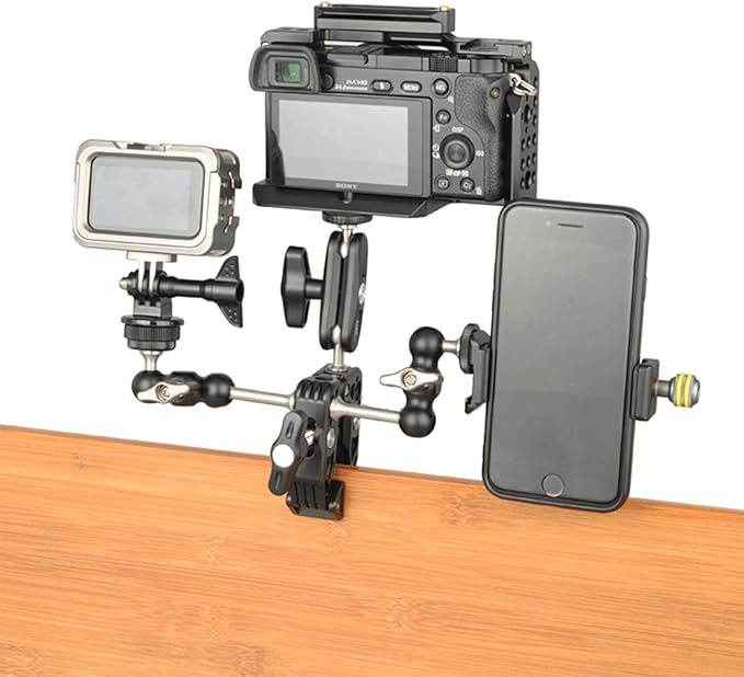 Camera Super Clamp Mount,with Magic Arm Action Camera Mount with 1/4" & 3/8" Screw Thread for Camera Cage/Lights/Monitor/Shelves/Rods/Cross Bars-A016