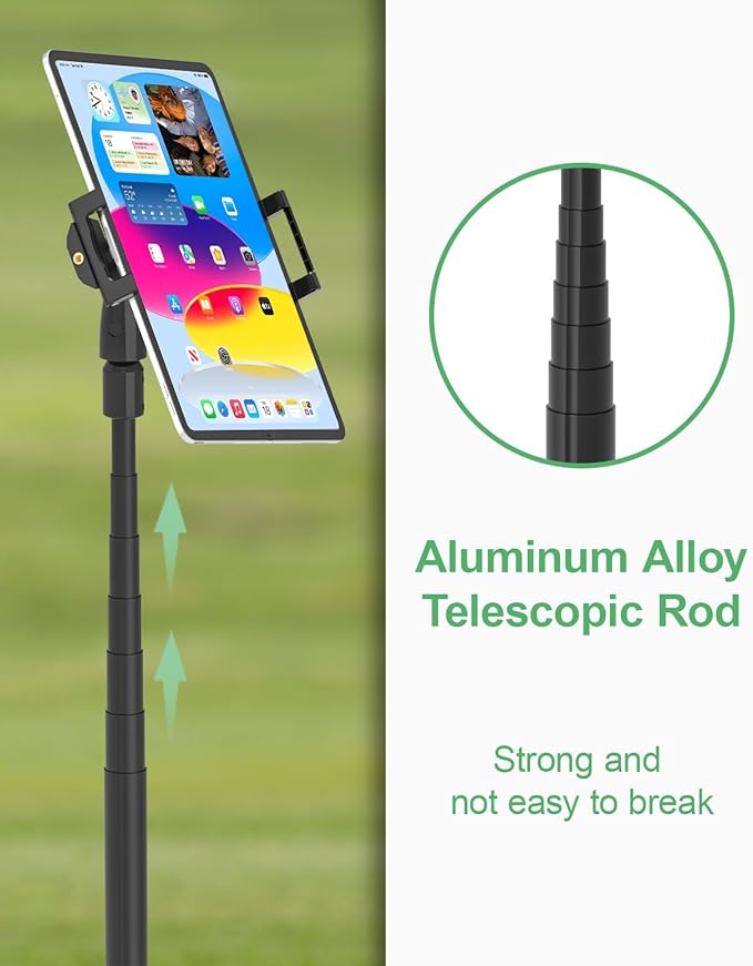 FreeSave Golf Monopod Tablet Stand with Ground Spike Stakes, Quick-Set 360° Metal Foldable Tablet Mount for Outdoor Use, Fits iPad Pro/Air/Mini, Galaxy, 6.1-15.6" Devices and Thick Cases [Up to 1.18"]