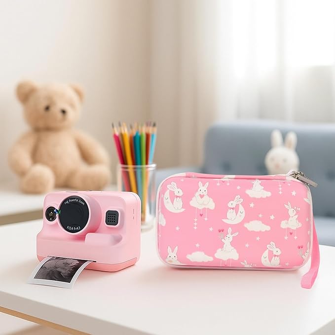 Case Compatible with DYLANTO for ESOXOFFORE for ETIKEZ for YTETCN for DUDUDRAGON Instant Print Camera, Kids Camera Storage for Accessories (Box Only) (Case and 3 Paper Rolls, Pink-Rabbit)