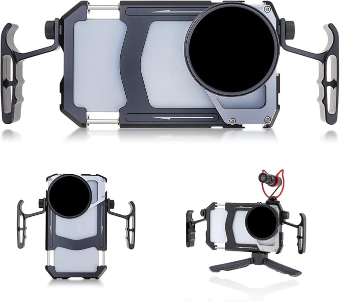 Universal Phone Cage, Smartphone Video Rig Kit with Dual Handle, ND Filter, Tripod Mount, Aluminum Alloy Phone Stabilizer for Video Recording, 1/4 inch Screw Hole