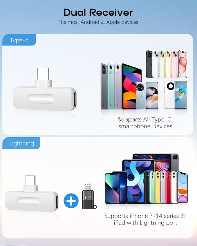 Wireless Mini Microphone for iPhone - 2 Pack Lavalier bluetooth Microphone for Video Recording, 2 In 1 Noise Reduction Lapel Mic for Ipad, Android, Clip-on Mini Mic for Tiktok Youtube Vlog Podcast