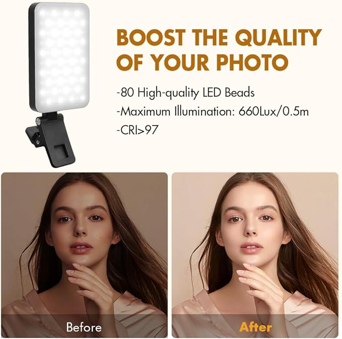 Selfie Light for iPhone,Portable Phone Clip on Light,Rechargeable LED Ring Light for Phone,Video Recording,Camera,Laptop,TikTok,Tablet,Vlog,Computer,5 Lighting Modes,80 LED High Power