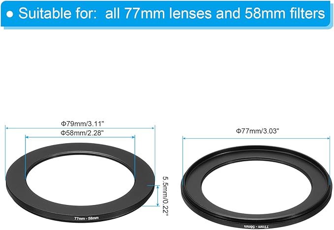 PATIKIL 77mm-58mm Metal Step Down Ring, Camera Lens Filter Adapter Ring Aluminum Filter Adapter Ring for Camera Lenses Hood, Black