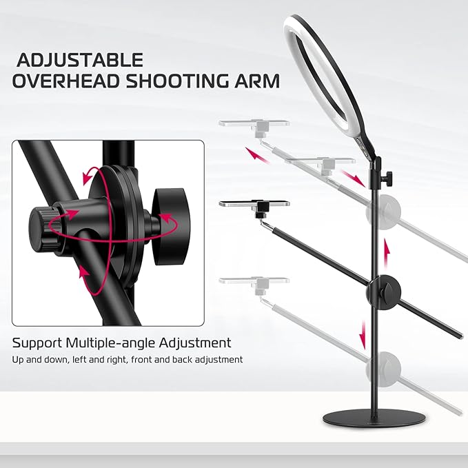 ULANZI Overhead Phone Mount Tripod with Light, 3500k-6500K 10" Desk Ring Light with Stand and Phone Holder for Video Recording, Zoom Meeting, Make Up, Cooking, Selfie, Live Streaming, Tiktok, YouTube