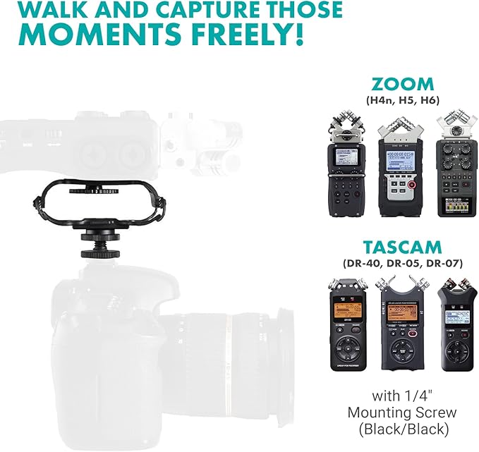 Movo SMM5-B Universal Microphone and Portable Recorder Shock Mount - Fits the Zoom H1n, H2n, H4n, H5, H6, Tascam DR-40x, DR-05x, DR-07x and others with a 1/4" Mounting Screw (Black)