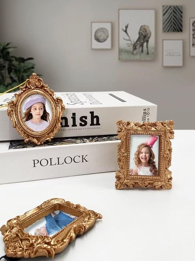 5 Pcs magnetic picture frames for refrigerator:Refrigerator Mini Frames Magnetic Vintage Picture Display with Back Small Antique Picture Frames with Hooks holders and Rope Refrigerator Magnets Photo Display Christmas Decor(Golden 5 Pcs )