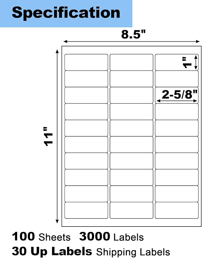 100 Sheets 3000 Pcs 30 Up 1" x2-5/8 Shipping Address Barcode Labels for Laser & Inkjet Printers, 1x2.625 FBA Labels on US Letter, 30 per Sheet Return Address Labels, 30 per Page