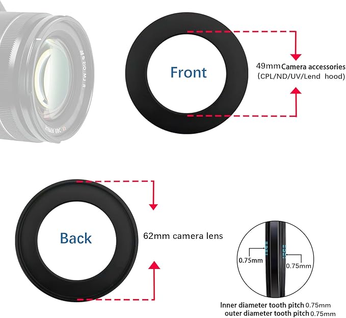 62mm to 49mm Camera Filter Ring /62mm to 49mm Step-Down Ring Filter Adapter for 49mm UV,ND,CPL,Metal Step-Down Ring